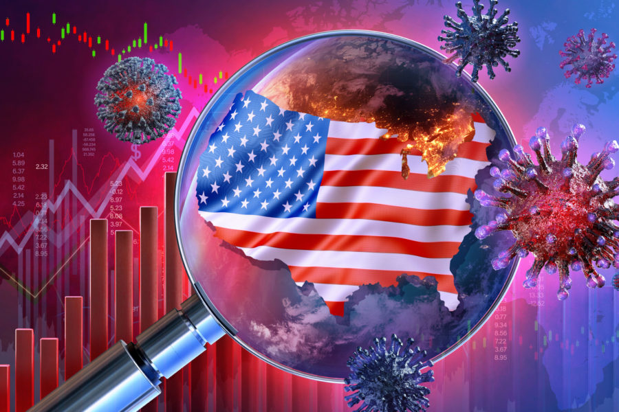 Coronavirus SARS-CoV-2 pandemic United States economy impact. USA economy 3D background: covid-19 ncov corona virus, american flag, downtrend charts, display of daily stock exchange market price data